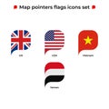 Map pointers flags icons set. Flag icon in simple rectangular pointer shape. Vector icon, symbol, button. Illustration in flat Royalty Free Stock Photo