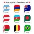 Map pointers flags icons set. Flag icon in simple rectangular pointer shape. Vector icon, symbol, button. Illustration in flat Royalty Free Stock Photo