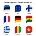 Map pointers flags icons set. Flag icon in simple rectangular pointer shape. Vector icon, symbol, button. Illustration in flat Royalty Free Stock Photo