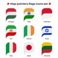Map pointers flags icons set. Flag icon in simple rectangular pointer shape. Vector icon, symbol, button. Illustration in flat Royalty Free Stock Photo