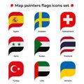 Map pointers flags icons set. Flag icon in simple rectangular pointer shape. Vector icon, symbol, button. Illustration in flat Royalty Free Stock Photo