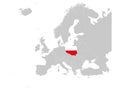 Map of Poland with national flag on gray map of Europe