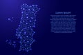 Map of Portugal from polygonal blue lines, glowing stars illustration