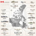 Map of provinces and territories of Canada with largest cities and all states capitals skylines Royalty Free Stock Photo