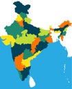 Map of the Republic of India with the states colored vector in bright colors