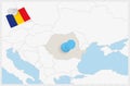 Map of Romania with a pinned blue pin. Pinned flag of Romania Royalty Free Stock Photo