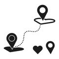 Map route icon. Location pin symbols. Dotted navigation path. Travel vector design.