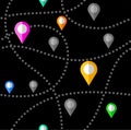 Map, routes, beacons, seamless pattern, color, black, vector.