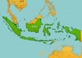 Indonesia map showing country highlighted in green color with rest of Asian countries in brown