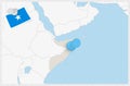 Map of Somalia with a pinned blue pin. Pinned flag of Somalia Royalty Free Stock Photo