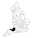 Map of Somerset County in England on white background. single County map highlighted by black colour on England administrative map