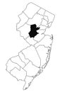 Map of Somerset County in new jersey state on white background. single County map highlighted by black colour on new jersey map