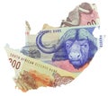 Map of South Africa overlaid with Rand notes