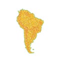 Map of South America Backdrop plume golden texture crumbs. Gold dust scattering on a white background. Sand particles grain or Royalty Free Stock Photo