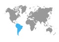 The map of South America is highlighted in blue on the world map Royalty Free Stock Photo