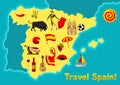 Map of Spain background design. Spanish traditional symbols and objects