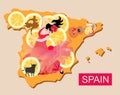 Map of Spain with beautiful girl - flamenco dancer, and pieces of lemon with various national symbols