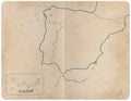 Map of Spain drawn by hand on aged, stained and damaged notebook background