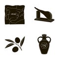 Map of Spain, jamon national dish, olives on a branch, olive oil in a bottle. Spain country set collection icons in