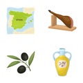 Map of Spain, jamon national dish, olives on a branch, olive oil in a bottle. Spain country set collection icons in