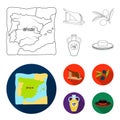 Map of Spain, jamon national dish, olives on a branch, olive oil in a bottle. Spain country set collection icons in