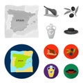 Map of Spain, jamon national dish, olives on a branch, olive oil in a bottle. Spain country set collection icons in