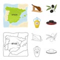 Map of Spain, jamon national dish, olives on a branch, olive oil in a bottle. Spain country set collection icons in