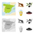 Map of Spain, jamon national dish, olives on a branch, olive oil in a bottle. Spain country set collection icons in