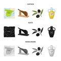 Map of Spain, jamon national dish, olives on a branch, olive oil in a bottle. Spain country set collection icons in