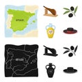 Map of Spain, jamon national dish, olives on a branch, olive oil in a bottle. Spain country set collection icons in