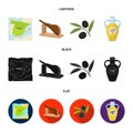 Map of Spain, jamon national dish, olives on a branch, olive oil in a bottle. Spain country set collection icons in