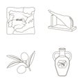 Map of Spain, jamon national dish, olives on a branch, olive oil in a bottle. Spain country set collection icons in