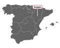 Map of Spain with place name sign of Aragon