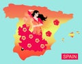 Map of Spain in Spanish flag colors and flamenco dancer girl with manton in shape of bird Royalty Free Stock Photo