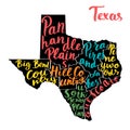 Map of state Texas, USA with colorful hand-written names of regions. Royalty Free Stock Photo