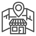 Map and store with location marker line icon, Navigation concept, Shop location sign on white background, Navigation pin