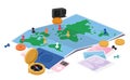 Map Surrounded By Various Travel Essentials Such As A Camera, Passport, Compass, And Coins. Wanderlust Concept