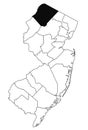 Map of Sussex County in new jersey state on white background. single County map highlighted by black colour on new jersey map