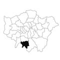 Map of Sutton in Greater London province on white background. single County map highlighted by black colour on Greater London,