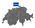 Map of Switzerland with road sign of Aarau