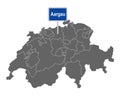 Map of Switzerland with road sign of Aargau