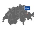 Map of Switzerland with road sign of Chur