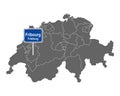 Map of Switzerland with road sign of Fribourg