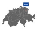 Map of Switzerland with road sign of Herisau