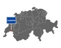 Map of Switzerland with road sign of Lausanne