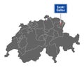 Map of Switzerland with road sign of Sankt Gallen