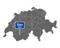 Map of Switzerland with road sign of Sion