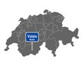 Map of Switzerland with road sign of Valais