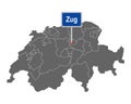 Map of Switzerland with road sign of Zug