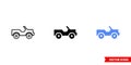 Map symbol 4-wheel-drive road icon of 3 types color, black and white, outline. Isolated vector sign symbol